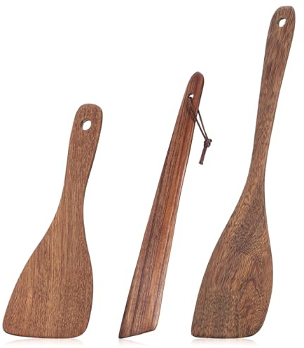 3Pcs Wooden Flat Spatulas, Multiple-sizes Acacia Wood Long Handle Spatula Set Multipurpose Flat Wooden Spoon for Cooking, Wood Cooking Utensil for Frying, Scraping, Flipping and Turning