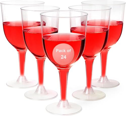 Ginikoe 24 Clear Stemmed Plastic Wine Glasses - 296 ml Reusable Wine Glasses for Parties - Plastic Wine Cups with Stem for Weddings, Wine Tasting, Patio Gatherings, and Elegant Party Supplies