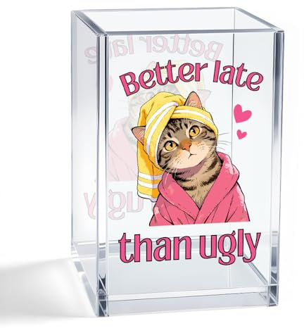 WHTYEFZ Better Late Than Ugly Acrylic Makeup Brush Organizer Holder, Cute Cat Desk Storage Organizer, Office Gifts for Coworker Boss Female, Self Affirmation Gifts for Cat Lover Friend Makeup Artist