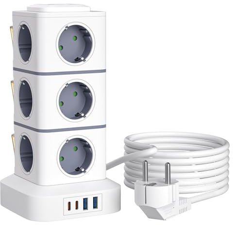 Regleta Enchufes 16 en 1 con 12 Tomas AC 2 USBC y 2 USBA 2500W/10A 3 Metros | Múltiples protecciones 3 interruptores independientes seguridad infantil Regleta Vertical para Hogar, Oficina y Escritorio