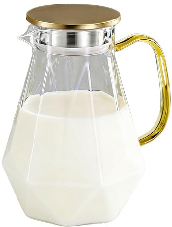 Glass Pitcher | 1.5L Heat Resistant Glass Juice Pitcher | Drink Dispensers With Lid | For Home Kitchen Party Table Camping Outdoor Picnic Travel