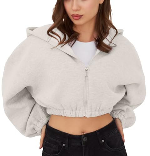 Huvtröja med dragkedja cropped tröja, sweatjacka dam med huva | Sweatshirt långärmad, jacka damer höst kort kappa fritidsjacka enfärgad casual övergångsjacka magfri huvjacka