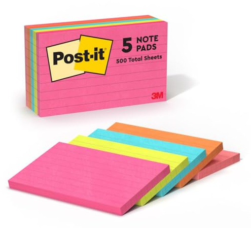 Post-it Notes, Liniert, 5 Blöcke (500 Blatt), 127 mm x 76 mm | Selbstklebende Haftnotizen, Praktische Klebezettel für Bürobedarf, Meetings, Erinnerungen, To-Do-Listen und zum Organisieren