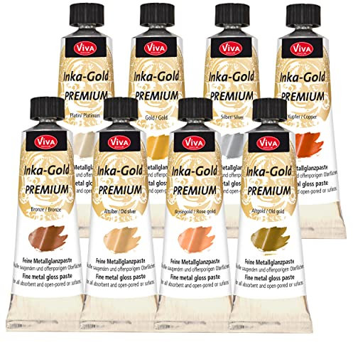 Viva Decor Inka Gold Premium 8 x 40g Set – Meisterhafte Glanzwelt – Wischmetall und Gilding Wax für Glanzeffekte auf Holz, Leinwand, Ton und Beton, schnell trocknend für Patina-Effekte und DIY