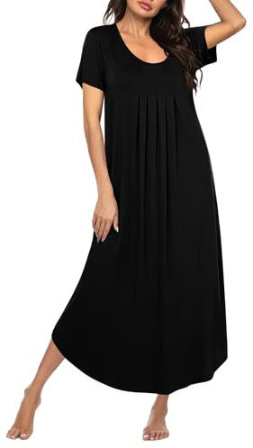 Ekouaer Long Nightgowns for Women Soft House Dress Pleated Front Nightshirt Full Length Loungwear Black XL