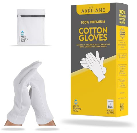 AKRILANE 1 Size 5 Pairs Cotton Moisturizing Gloves for Dry Hands | Eczema, Psoriasis & Skin Spa Treatment for Women & Men | Washable & Reusable with Free Laundry Bag
