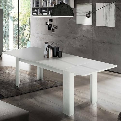 Dmora - Ausziehbarer Tisch Natan, ausziehbare Konsole für bis zu 12 Sitzplätze, ausziehbare Konsole 100 % Made in Italy, 160/210 x 90 x 75 cm, glänzend weiße Lärche