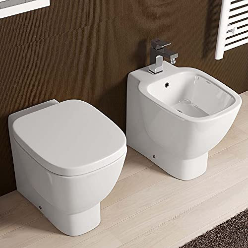 Inbagno Coppia Sanitari Bagno Filo Muro a Pavimento, in Ceramica Bianca Serie One, Completa di copriwc Avvolgente