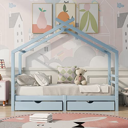 ZYLOYAL10 Wooden House Bed with Two Storage Drawers for Kis, Solid Pine Wood, 3 FT Single Tree House, Canopy Bed for Girls and Boys, 190 * 90 cm, White and Natural (Light blue)