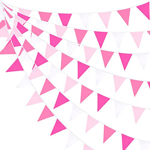 10M/32Ft Guirlande Fanions Rose Déco Bannière Drapeau Vif Rose Tissu Triangle Coton Bunting pour Anniversaire Bapteme Mariage Anniversaire Fête Jardin Suspendus Festivals Décoration