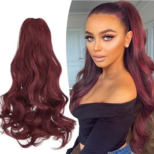 Gairyan 45cm Coda Finta Capelli Extension Ricci con Pinza Posticci per Capelli Sintetici Extension Coda Capelli Mossi Ondulati Lunghi Clip Coda di Cavallo Claw Naturale per Donna - Vino rosso