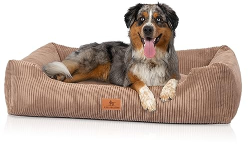 Knuffelwuff Hundebett aus Cord mit handgewebtem Charakter Olivia XL, 105 x 75 cm, Braun, Abnehmbarer Bezug, waschbar, für große, mittlere und kleine Hunde