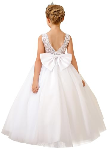 PLWEDDING Elegante Spitze Stickerei Blumenmädchen Kleid für Hochzeit Kinder V-Rücken Ballkleid mit Schleife (6,Weiß)