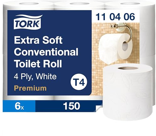 Tork Papel Higiénico Convencional Extrasuave, 110406, 6 × 150 hojas | Premium, 4 capas, Blancoo T4