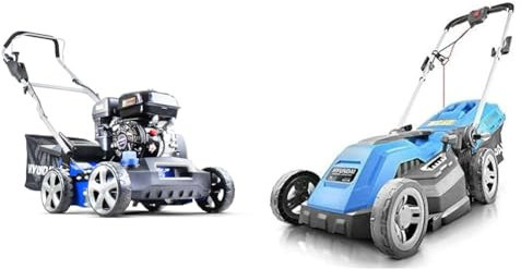 Hyundai 212cc Petrol Lawn Scarifier and Aerator, 400mm Cutting Width, 5 Cutting Heights, 45L Grass B & HYM3800E 1600W 230V Corded Electric Rotary Lawnmower With Rear Roller, 38cm Cutting Width