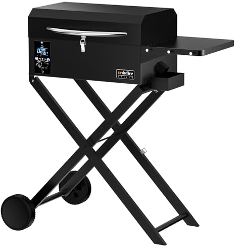 onlyfire Ahumador De Pellets para Barbaco con Soporte Plegable y Mesa Auxiliar, Barbacoa Portátil Multifunción 8 en 1 para Exteriores con Control Automático de Temperatura para Camping, Negro