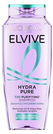 L’Oréal Paris Elvive Hydra Pure 72H Purifying Shampoo, with Hyaluronic & Salicylic Acids, for Oily Scalp & Dehydrated Lengths, Suitable for all hair textures, 400ml