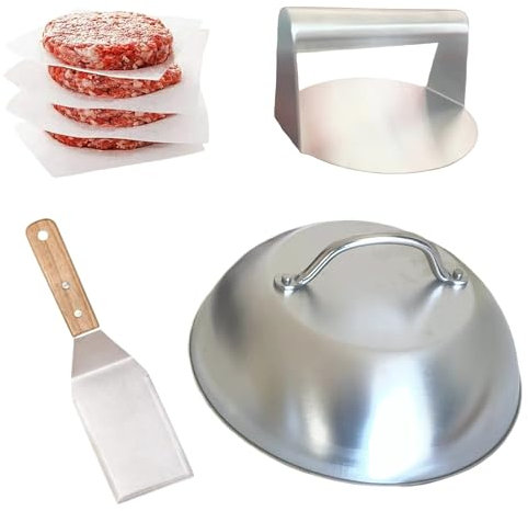 Saviluk Burger Smasher Set, 4-Teilig Edelstahl Smash Burgerpresse Set mit Burgerglocke, Round Burgerpresse, Breiter Spatel und 50 Burger Papier, für Leckere Hamburger, Teppanyaki, Gasgrill, BBQ