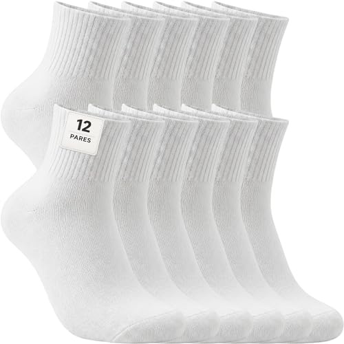 12 Pares Calcetines Deportivos Hombre Mujer – Pack Calcetines Media Caña Unisex para Running, Gimnasio, Tenis, Trabajo, Uso Diario – 85 % Algodón (FR/ES, Números, 35, 40, Regular, Regular, Blanco)