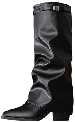 Generisch 2026 Fashion Pointed Toe Mid-Calf Buckle Detail Comfortable Knee High Boots for Winter, black, 4 UK