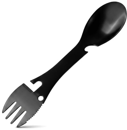 SOLVIO Premium Stainless Steel Camping Spork - 5 in 1 Travel Cutlery Set with Knife Fork Spoon Bottle Can Opener - Reusable Portable Utensils for Outdoor Hiking Picnic