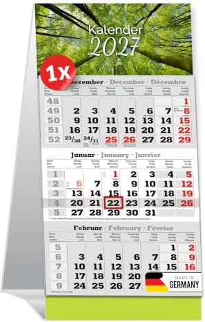 PRIMUS PRINT 1x Tischaufstellkalender 2027-3 Monatskalender zum Aufstellen | Tischkalender, Schreibtischkalender, Stehkalender - 95x194mm, 70g Naturpapier, Inklusive Datumsschieber [Motiv - Bäume]