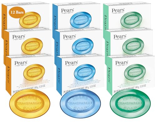 Pears Glycerin Soap Variety 12-Pack – Transparent Amber, Blue & Green Bars for Soft, Glowing Skin, 3.53 Oz Ea