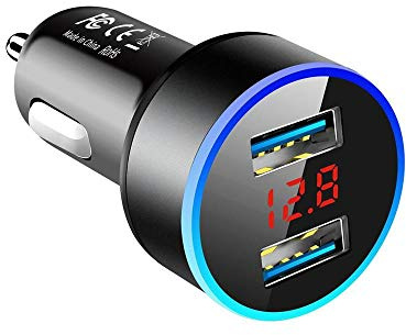 USB Car Charger, LED Display Car Voltage Detector 5V/3.1A Dual USB Ports Metal Car Charging Adaptor for IPhone IPad Smartphone Tablet PC(Black)
