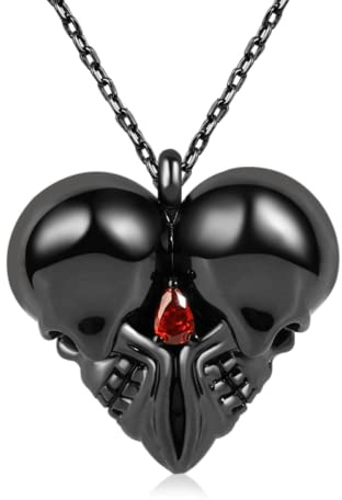 GNOCE Doppelschädel Halskette 925 Sterling Silber schwarz überzogen Herz Halskette mit rotem Zirkonia Stein Halloween Geschenk für Frauen Männer