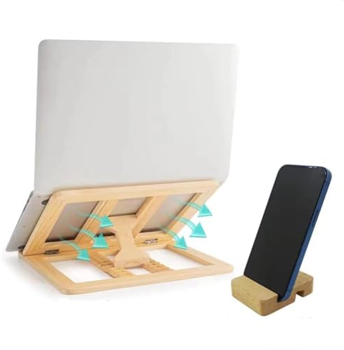 Skoioje Wooden Laptop Stand, Foldable Wood Laptop Riser Adjustable Computer Wooden MacBook Stand for Desk Portable Universal Notebook Laptop Holder with Multiple Angles for Laptops Up to 15.6 inches