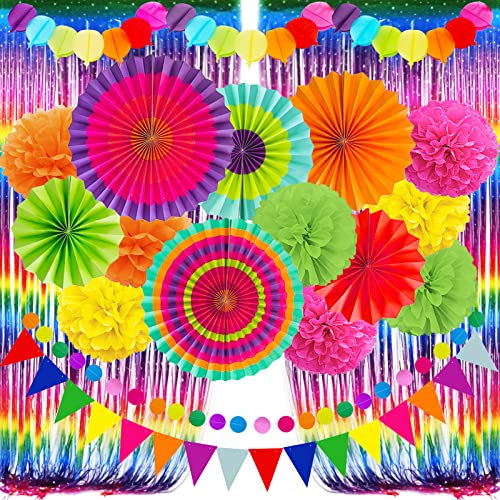 ZERODECO Fiesta papier Fan Party décorations Set, multicolore Cinco De Mayo Pom Poms fanion guland String bannière rideaux franges Coco mexicain carnavals Festivals fournitures De fête