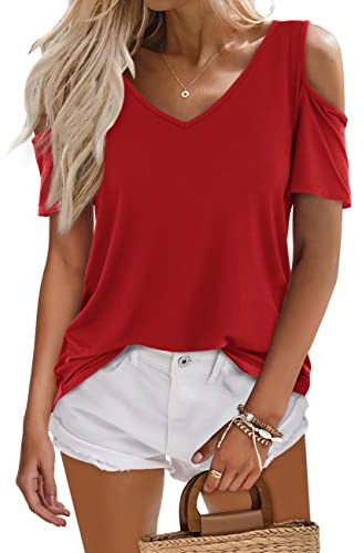 BeLuring Camisa con Hombros Descubiertos para Mujer, Cuello En V Profundo, Manga Corta, Top Elegante Rojo L