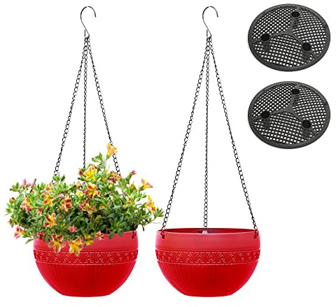 MissFox 2 Stück Blumenampel Außen, Selbstbewässerung Hängende Blumentöpfe mit Rostfrei Ketten, Hängeblumentöpfe Kunststoff mit Ablaufloch, Hängeampeln für Innen Draußen Decken Balkone Wanddekoration