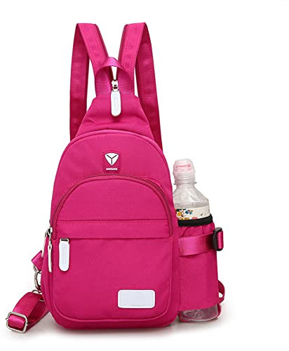 Shoulder Bag Chest Backpack Crossbody Sling Bag with Water Bottle Holder Pouch for Sport Bicycle Hiking Travel Women Men (Pink)