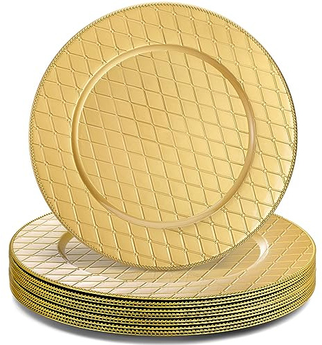 Lyellfe Set of 12 Gold Charger Plates, 13 Inch Decorative Chargers for Dinner Plates, Plastic Round Charger Service Plates for Wedding, Party, Anniversary, Diamond Pattern