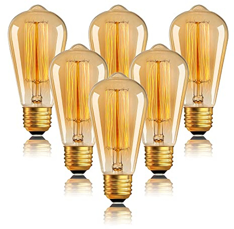 Sevici ST64 Edison Bulbs 6 Pack,Amber Vintage Incandescent Light Bulbs 110V 40W 240LM,E26 Base 2200K Dimmable Decorative Antique Squirrel Cage Filament Incandescent Bulb for Chandelier Pendant Lamps