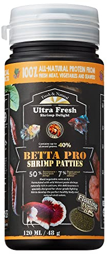Ultra Fresh Betta Fish Food, Betta Pro Shrimp Patties, 50% Sword Prawns + Akiami Paste Shrimps, All Natural Protein, Rich in Calcium, for Betta's Healthy Development and Cleaner Water 48g