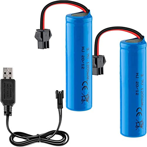 Yangers 2 Stück 3,7 V 1S 1200 mAh Li-Ionen-Akku RC Wiederaufladbare 18650 Batterien 15C SM 2P Steckverbinder mit USB-Ladegerät Set für RC Auto Off Road LKW Jumper Stoßstange Fahrzeug Drift Monster