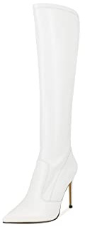 QUEEN HELENA Stivali Alti con Tacco a Spillo Elasticizzati a Punta Zip Laterale Aderenti Donna K2041 (Bianco, numeric_35)