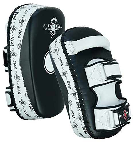 Playwell Deluxe Pelle Curva Thai Kick Pad (Pads) Logo Serie Nero/Bianco - COPPIA