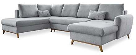 MIUFORM Scandic Lagom mit Bettkasten | 8 Sitzer Sofa | U-Form Links | 312x202x90cm Couch | Klappsofa mit Schlaffunktion (Hellgrau)