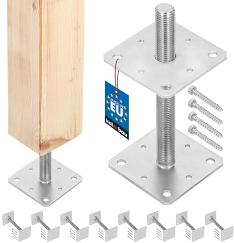 KOTARBAU® 8 st. Stolpfot - Galvaniserat Stål - 110 x 110 x 250 mm - M24 - Silver - Justerbar Stolpfot - för Betong Montering - Galvaniserad Stolpstöd - Stolpsko med Skruvjustering