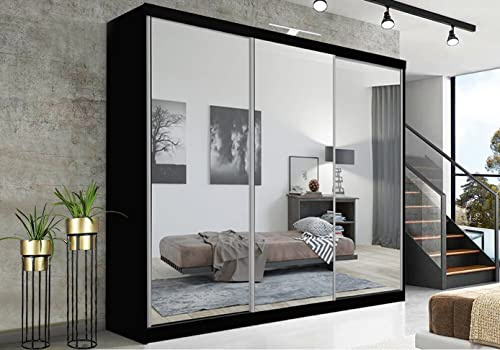 RAC3 Wardrobes for Bedroom with Mirrored Sliding Door & LED Light Premium Wardrobe Storage with Sleek Design comes in Colours Black/White/Grey/Oak- Different Sizes from 120cm - 250cm (Black, 250cm)