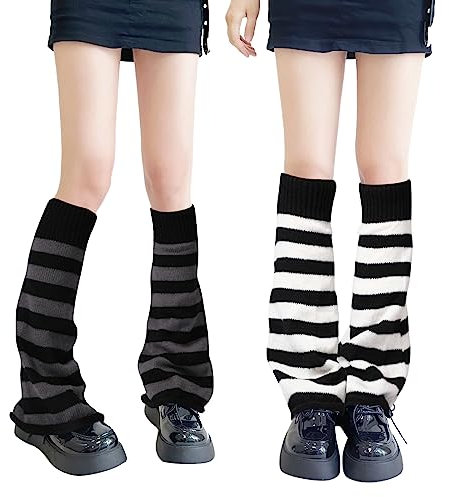 QKURT 2 Paar lange Beinstulpen, gestrickte Winter-Thermo-Beinstulpen, Punk-Kniestrümpfe, Stiefel-Manschettenwärmer für Damen und Mädchen