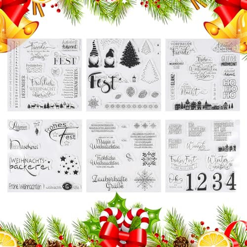 FGen 6PCS Silikonstempel Weihnachten Deutsch, Blätter Clear Stamp Weihnachten, Frohe Weihnachten Stempelset, Silikonstempel Winter, Clear Stempel Set für DIY Scrapbooking Fotoalbum