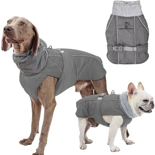 Hundemantel Wasserdicht Rollkragen Winterhundekleidung Verdickte Hund Warme Hundejacke mit Geschirr Loch Reflektierende Mäntel Jacken Weste Mantel für kleine mittlere große Hunde (Grau, L)