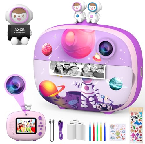 CHAKEYAKE Kids 1080P Sofortdruckkamera für Kinder, Selfie & Video, inklusive 32GB SD-Karte, perfektes Weihnachts-/Geburtstagsgeschenk für 3-12 Jahre alte Mädchen & Jungen, Lila