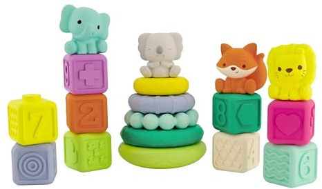 Infantino - Set de Juegos Apilables - Anillos y Cubos para Apilar - Juguetes Sensoriales Educativos - Multicolor - para bebés de 6 Meses a 4 años