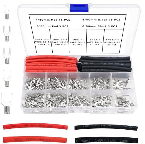 YIXISI 356 Stücke M3/M4/M5/M6 Nicht Isolierte Gabel Drahtklemmen Kit, Gabel kabelschuhe Quetschverbinder, Kupfer Lugs Gabel Terminals Stecker, mit Schrumpfschlauch, AWG 22–16 16–14 14–12