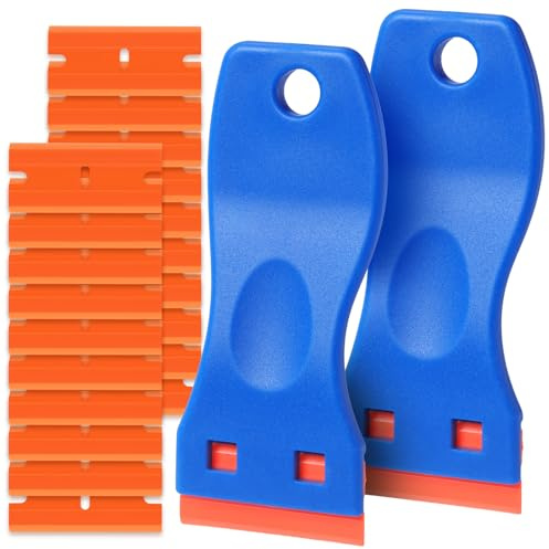 Plastic Razor Blade Scraper Tool, 2 Pcs Razor Scraper with 20 Pcs Plastic Blades, Cleaning Scraper Remover for Removal Floor Stove Scraping Labels and Decals Sticker on Car Window Glass